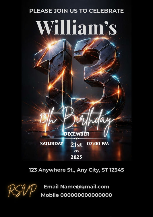 6.09 13th Birthday Invitation Template for Boys, Gaming Style Teen Birthday Invite, Neon Party Invitation, Editable Canva Digital Download