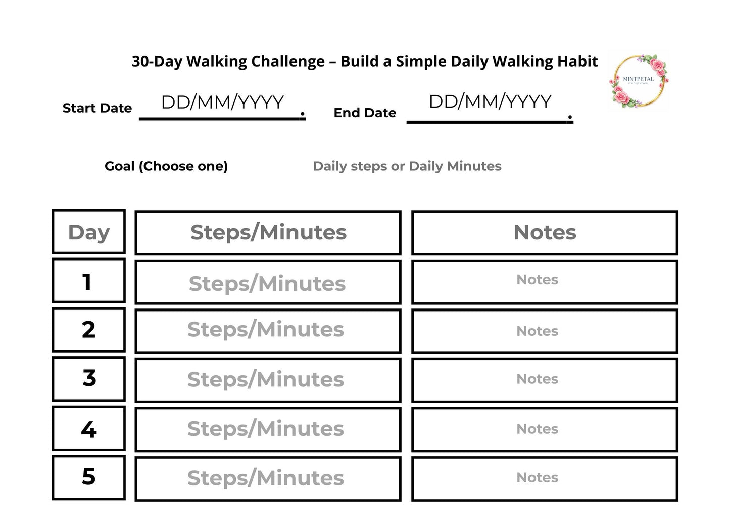 30-Day Walking Challenge | Printable Walking Tracker & Editable Canva Template