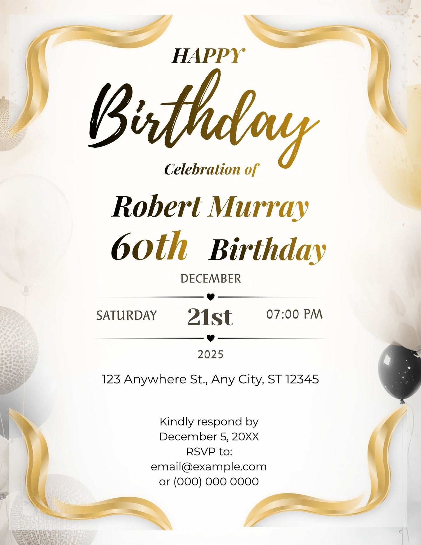 5.05 Elegant Milestone Birthday Invitation Template, Gold Adult Birthday Party Invite, 40th 50th 60th 70th Birthday Editable Canva Invitation