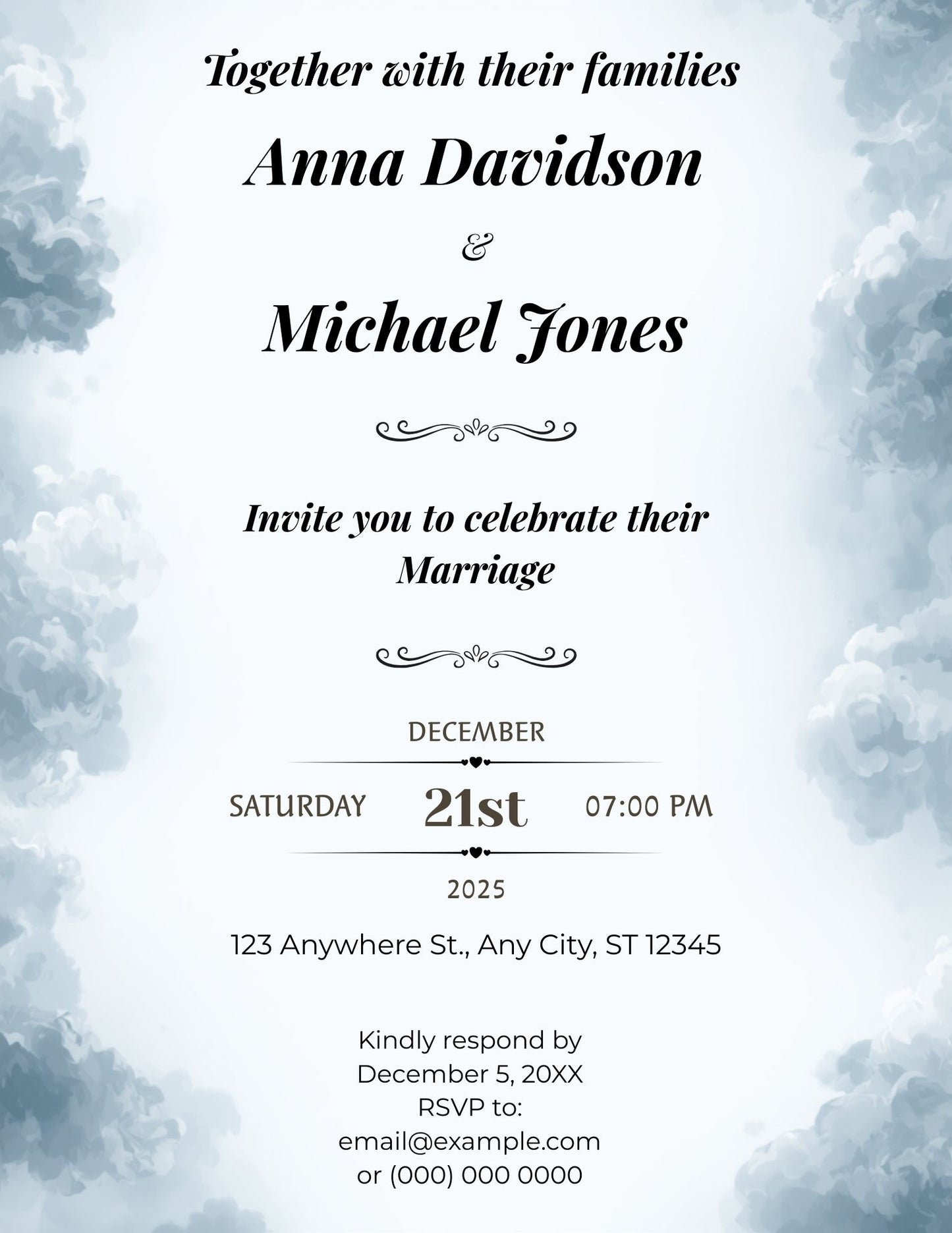 2.05 Soft Blue Clouds Wedding Invitation Template – Elegant Sky-Inspired Editable Invite