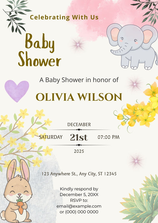 4.07 Cute Baby Shower Invitation Template with Elephant and Bunny | Editable Baby Shower Invite | Printable Baby Shower Canva Template