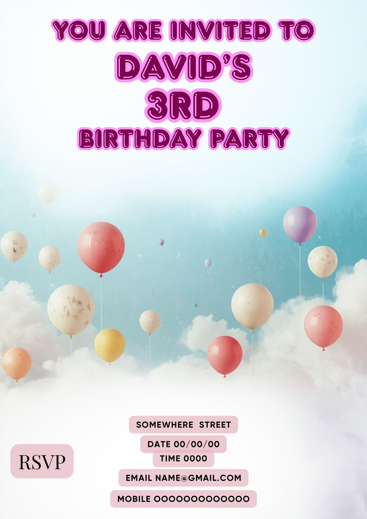 7.02 Kids Birthday Invitation Template, Balloon Birthday Invite, 1st 2nd 3rd Birthday Invitation, Editable Canva Template, Boy or Girl Party Invite