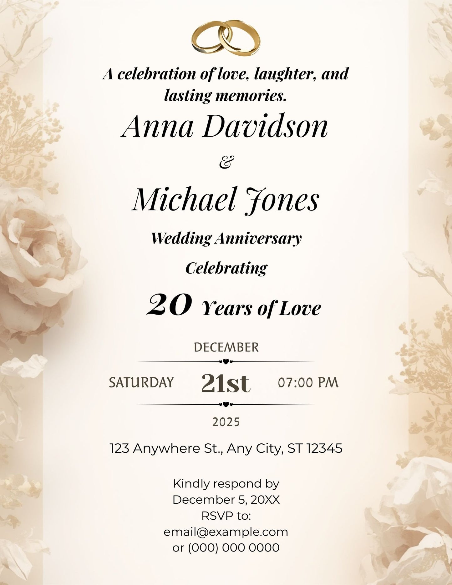 1.04 Editable 20th Wedding Anniversary Invitation Template, Elegant Floral Gold Anniversary Party Invite, Printable Celebration Invitation Canva Template