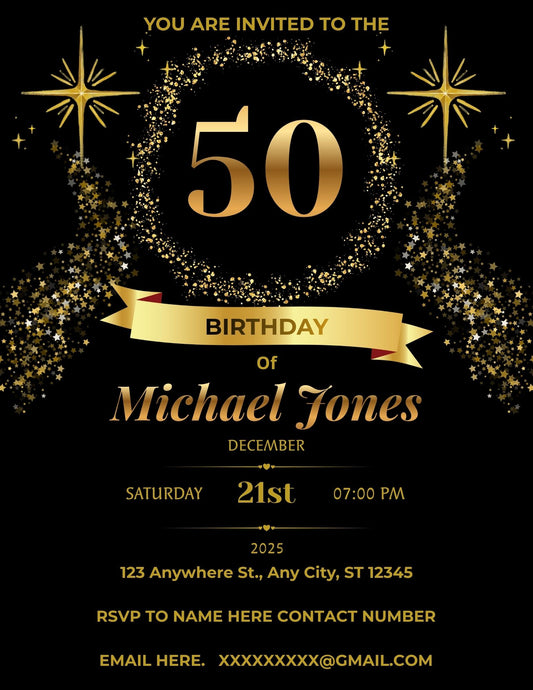 5.02 50th Birthday Invitation Template, Gold Milestone Birthday Invite, Elegant Black and Gold Birthday Invitation, Editable Birthday Invitation Template