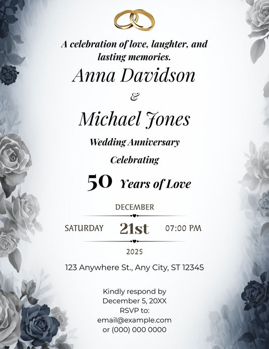 1. Editable Wedding Anniversary Invitation Template, Customisable Anniversary Years, Elegant blue Floral Anniversary Invite, Canva Editable