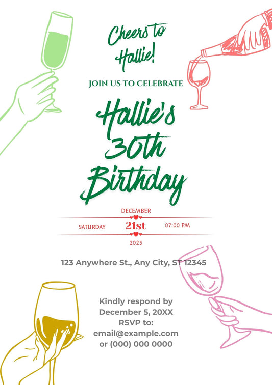 5.09 Cheers Birthday Invitation Template, Birthday Drinks Party Invitation, 25th 30th 40th 50th Birthday Invite, Editable Adult Birthday Invitation Canva Template