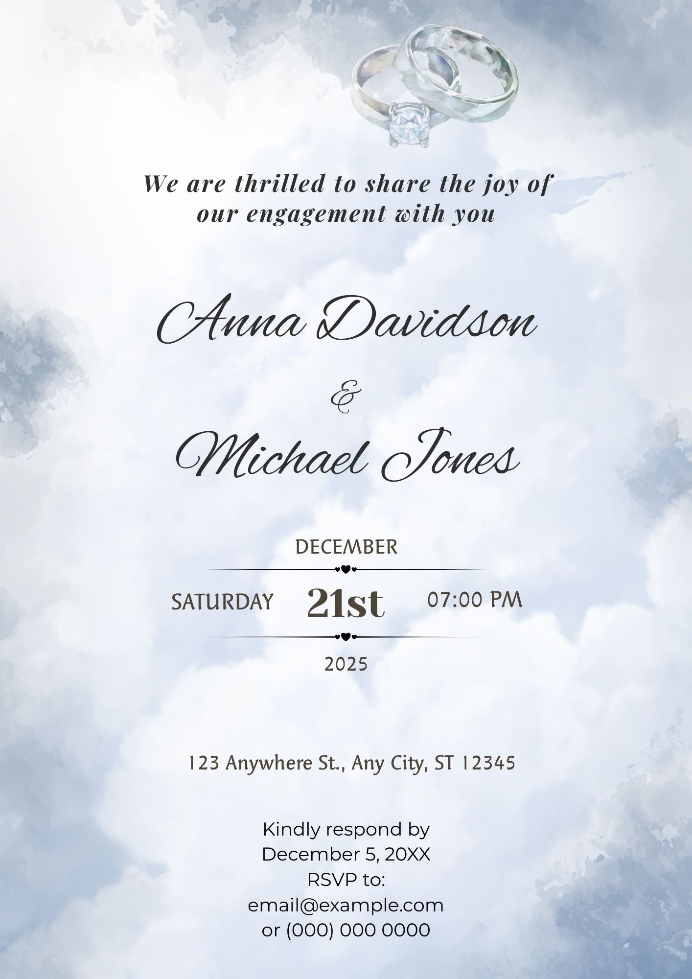 3.09 Blue clouds Engagement Invitation Template | Editable Cloud Engagement Party Invite | Elegant Romantic Digital Download