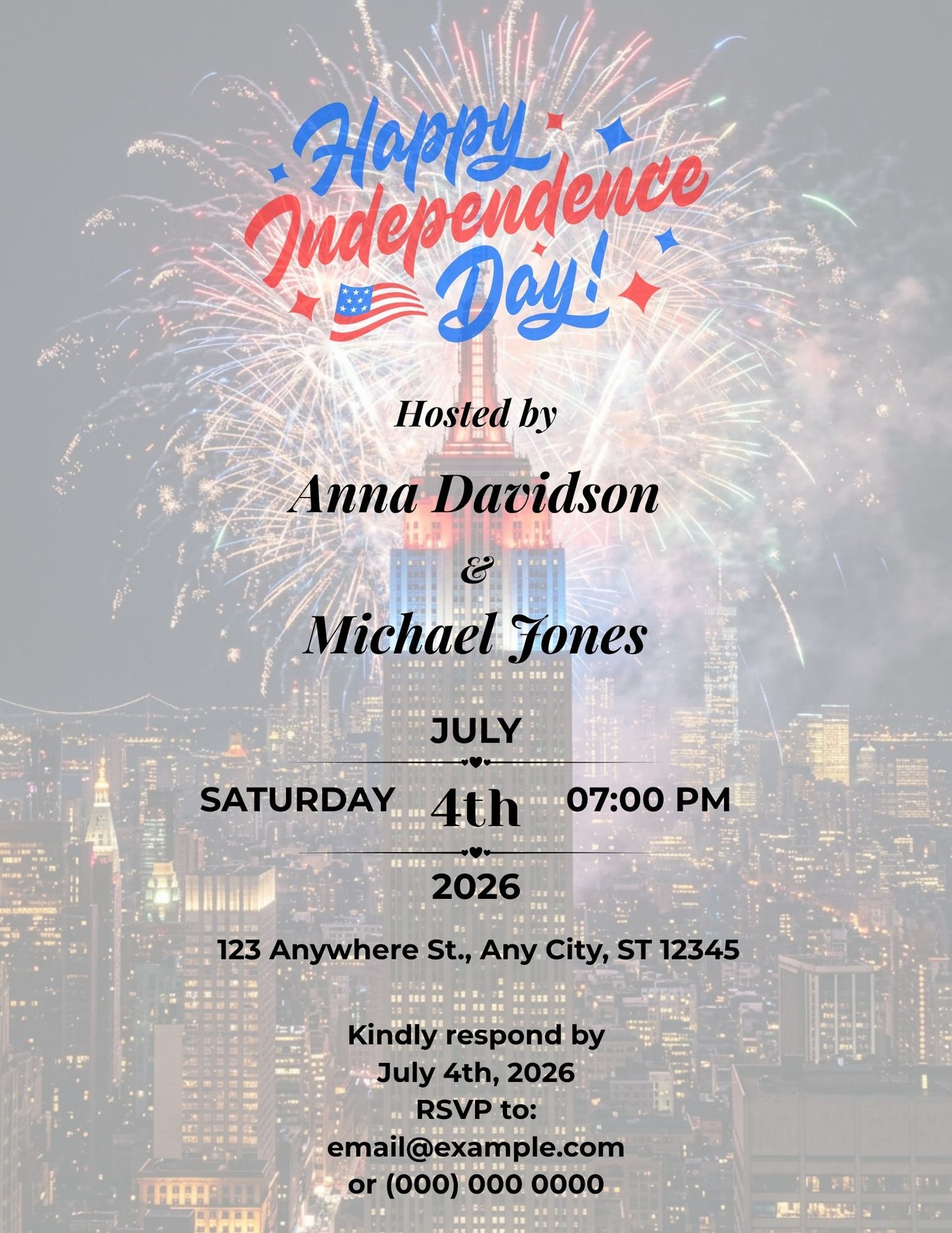 15.09 Editable Independence Day Invitation Template, New York 4th of July Party Invite, Empire State Building Patriotic Invitation, USA Celebration Canva Template
