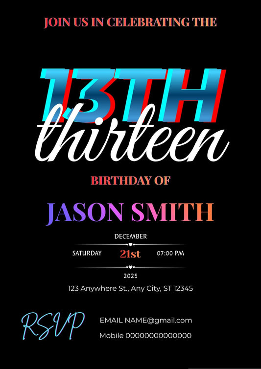 6.06 I Teen 13th Birthday Invitation Template, Editable Thirteen Birthday Party Invite, Modern Teen Birthday Invitation, Canva Birthday Template (Age Editable)