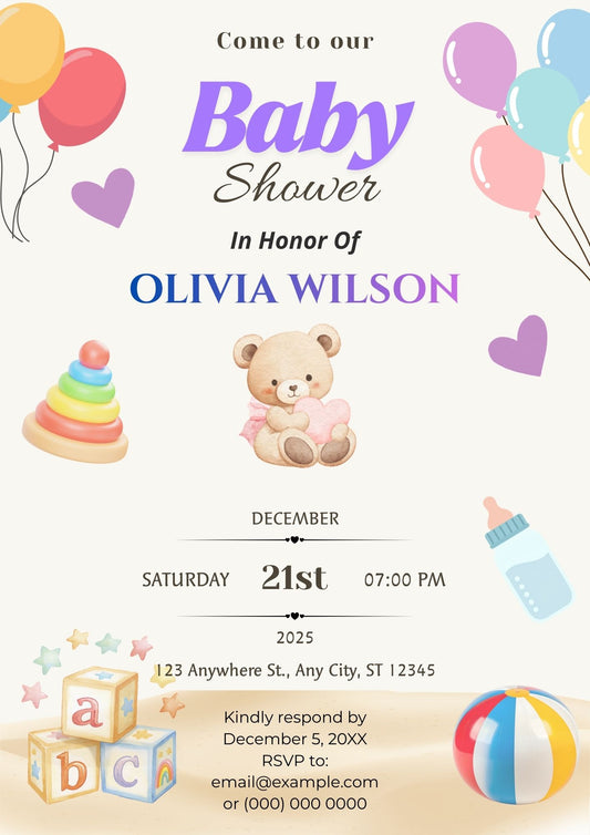 4.09 Cute Baby Shower Invitation Template with Toys | Editable Baby Shower Invite | Printable Baby Shower Canva Template | Fun Baby Shower Invitation