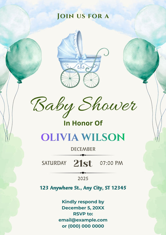 4.10 Classic Baby Shower Invitation Template with Baby Pram | Editable Baby Shower Invite | Printable Baby Shower Canva Template