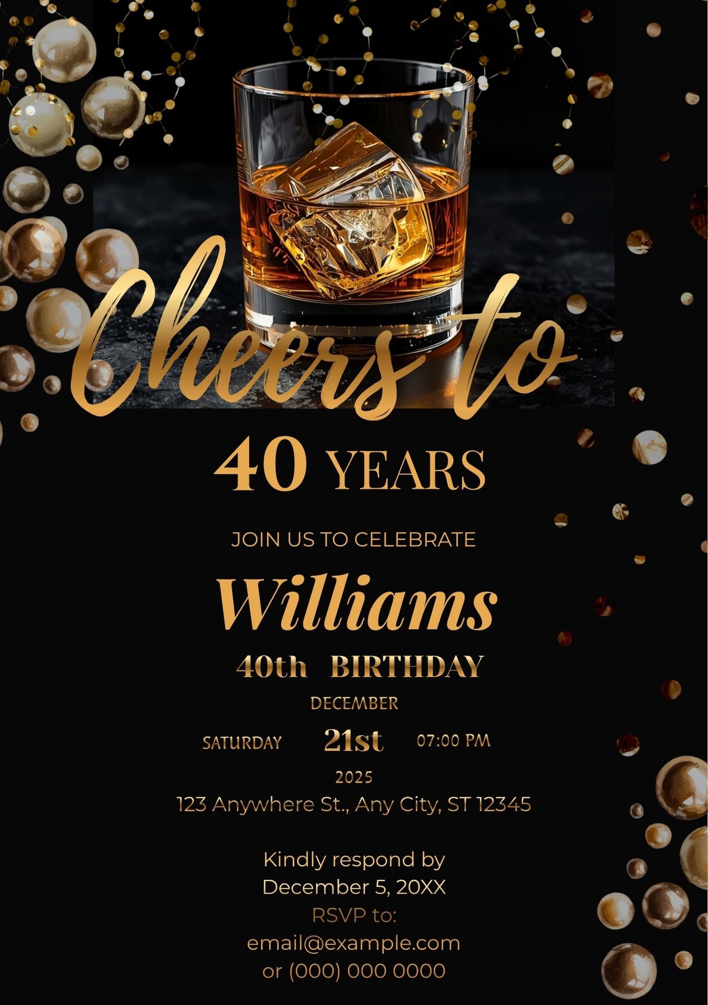 5.07 Cheers to 40 Years Birthday Invitation Template, Whiskey Birthday Party Invitation, 40th 50th 60th Birthday Invite, Mens Birthday Invitation, Editable Canva Template