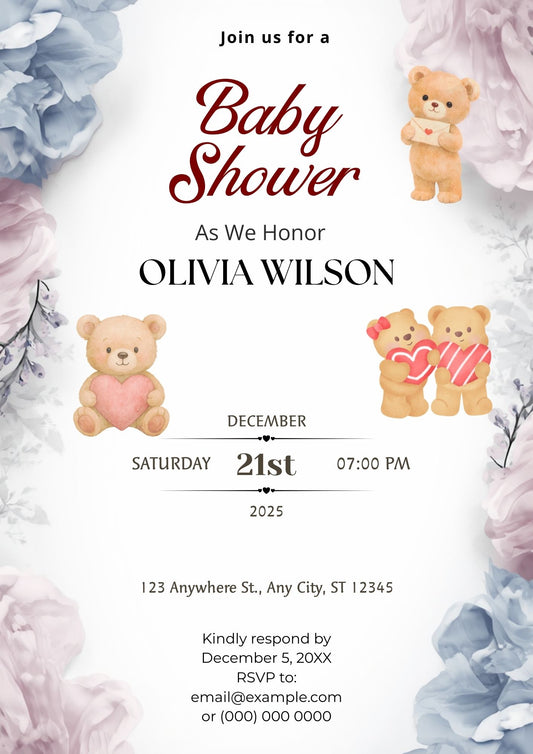 4.05 Baby Shower Invitation Template with Teddy Bears & Floral Pastel Design | Editable Baby Shower Invite | Cute Printable Baby Shower Invitation
