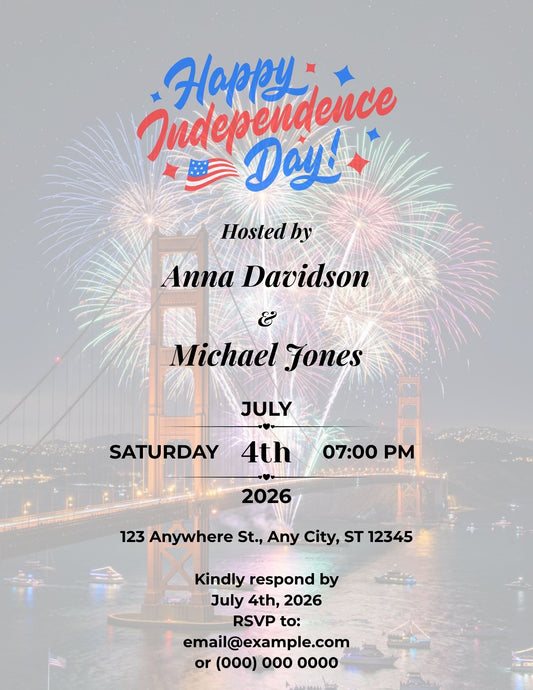 15.10 Editable Independence Day Invitation Template, Golden Gate Bridge 4th of July Invite, Patriotic USA Party Invitation, San Francisco Celebration Canva Template