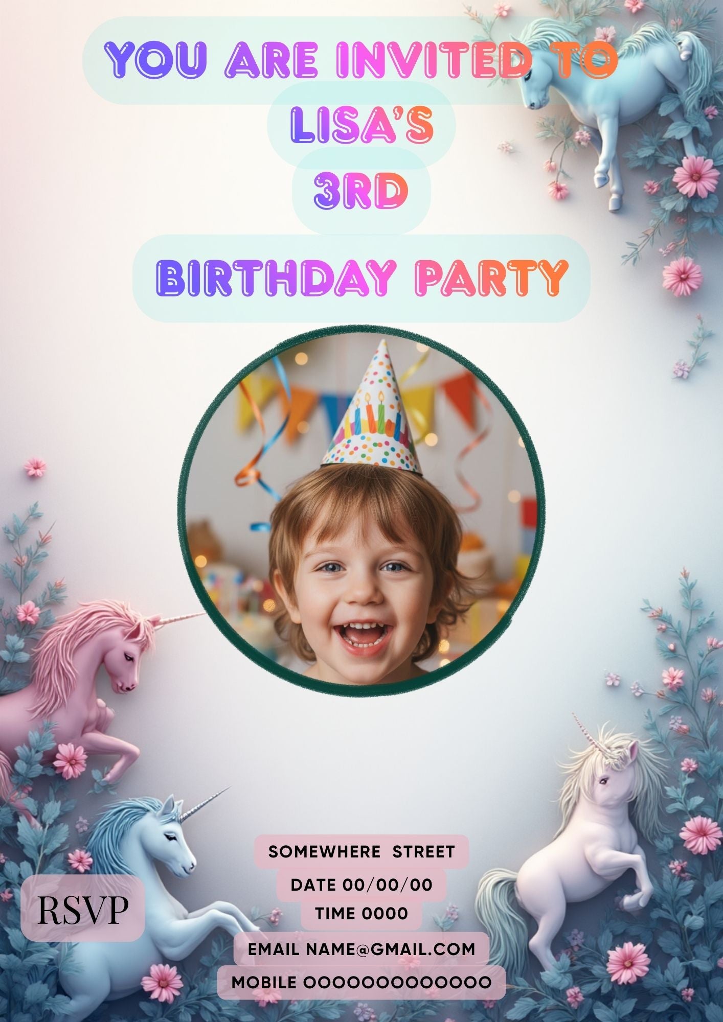 7.04 Unicorn Birthday Invitation Template with Photo, Girls Birthday Invite, Editable Canva Template, 1st 2nd 3rd Birthday Party Invitation, Magical Unicorn Theme