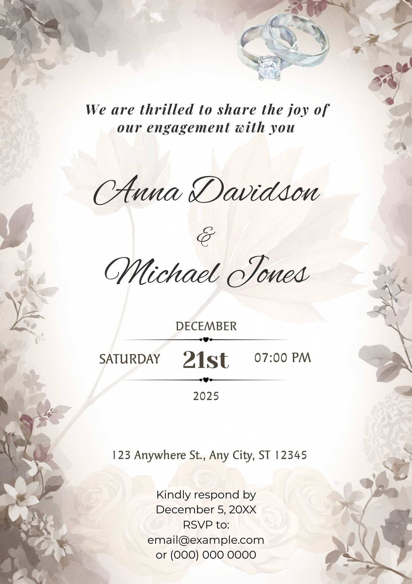 3.10 Neutral Floral Engagement Invitation Template | Editable Elegant Beige Engagement Party Invite | Romantic Printable Digital Download