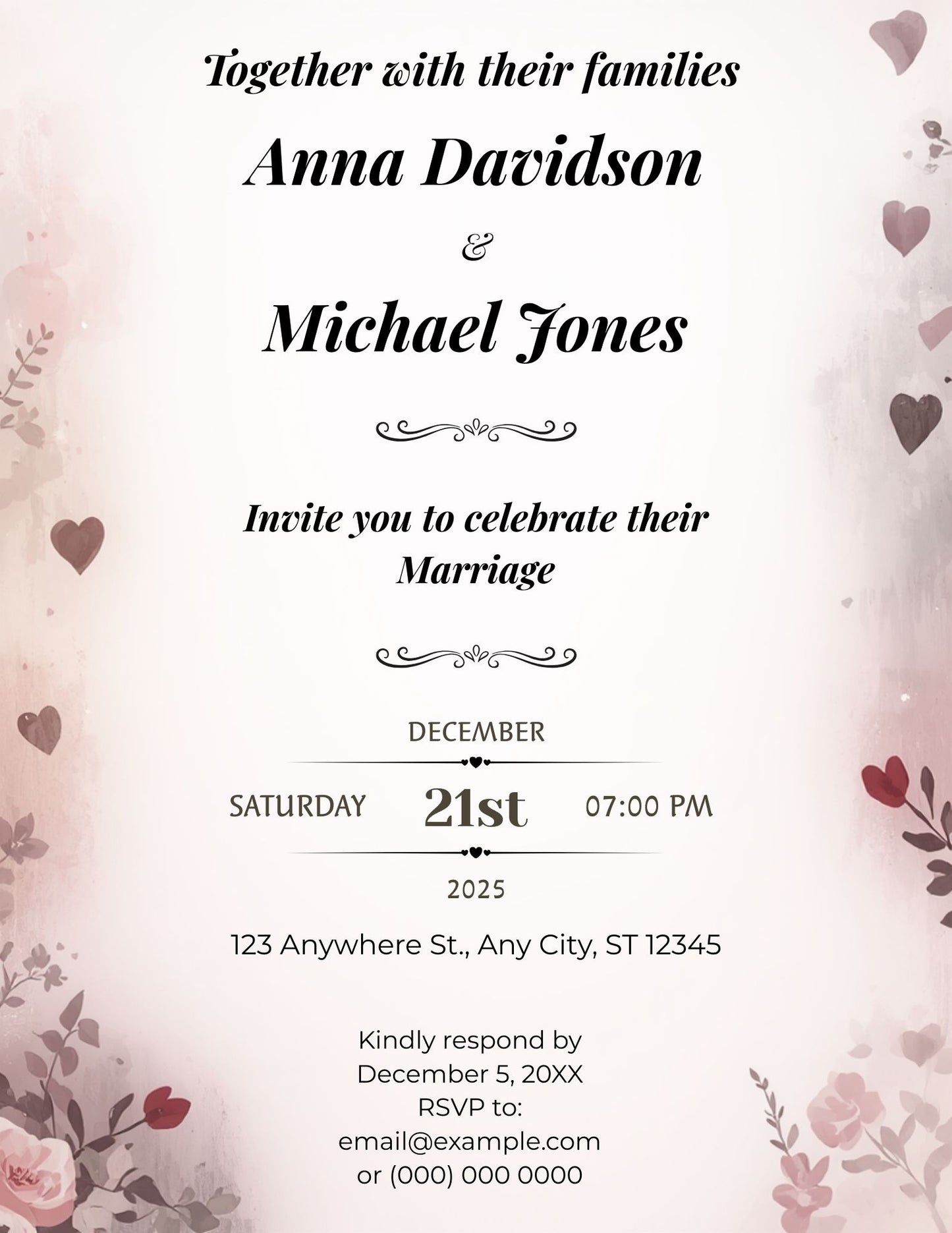 2.08 Romantic Blush Wedding Invitation Template – Soft Floral Heart Editable Invite
