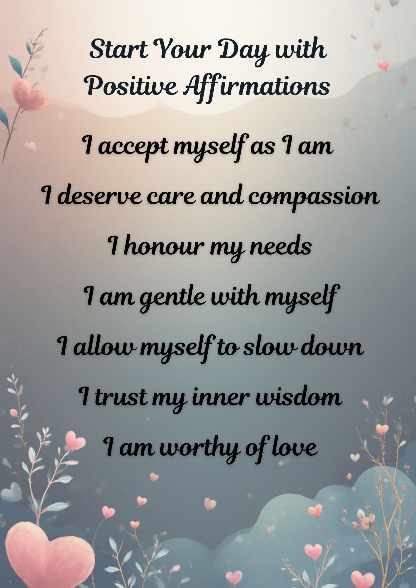 9.07 Self Love Affirmation Wall Art Set, Positive Daily Affirmations Printable, Self Care Quotes, Mental Wellness Decor, Floral Wall Art Bundle