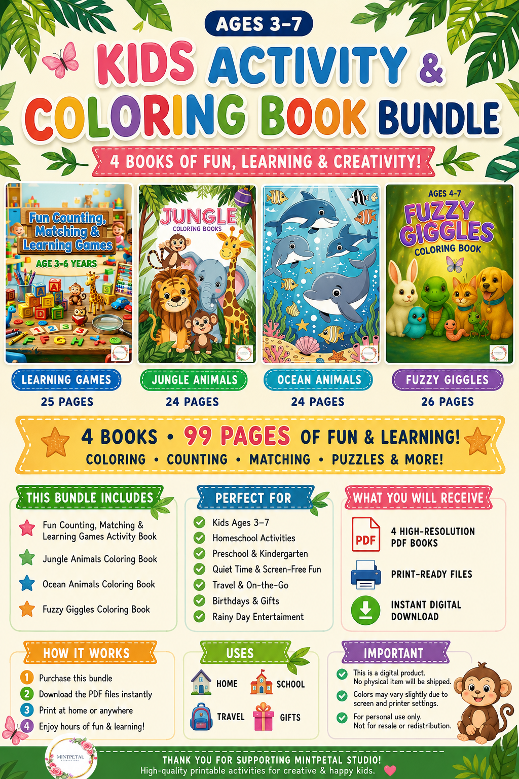 8.12-4 Kids Activity & Coloring Books Bundle for Ages 3–7 | Jungle Animals, Ocean Animals, Fuzzy Giggles & Learning Games Printable PDF Pack