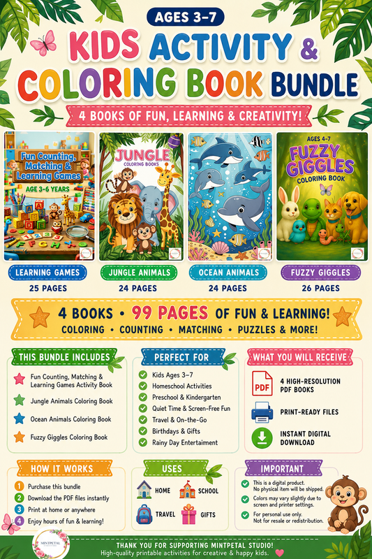 8.12-4 Kids Activity & Coloring Books Bundle for Ages 3–7 | Jungle Animals, Ocean Animals, Fuzzy Giggles & Learning Games Printable PDF Pack