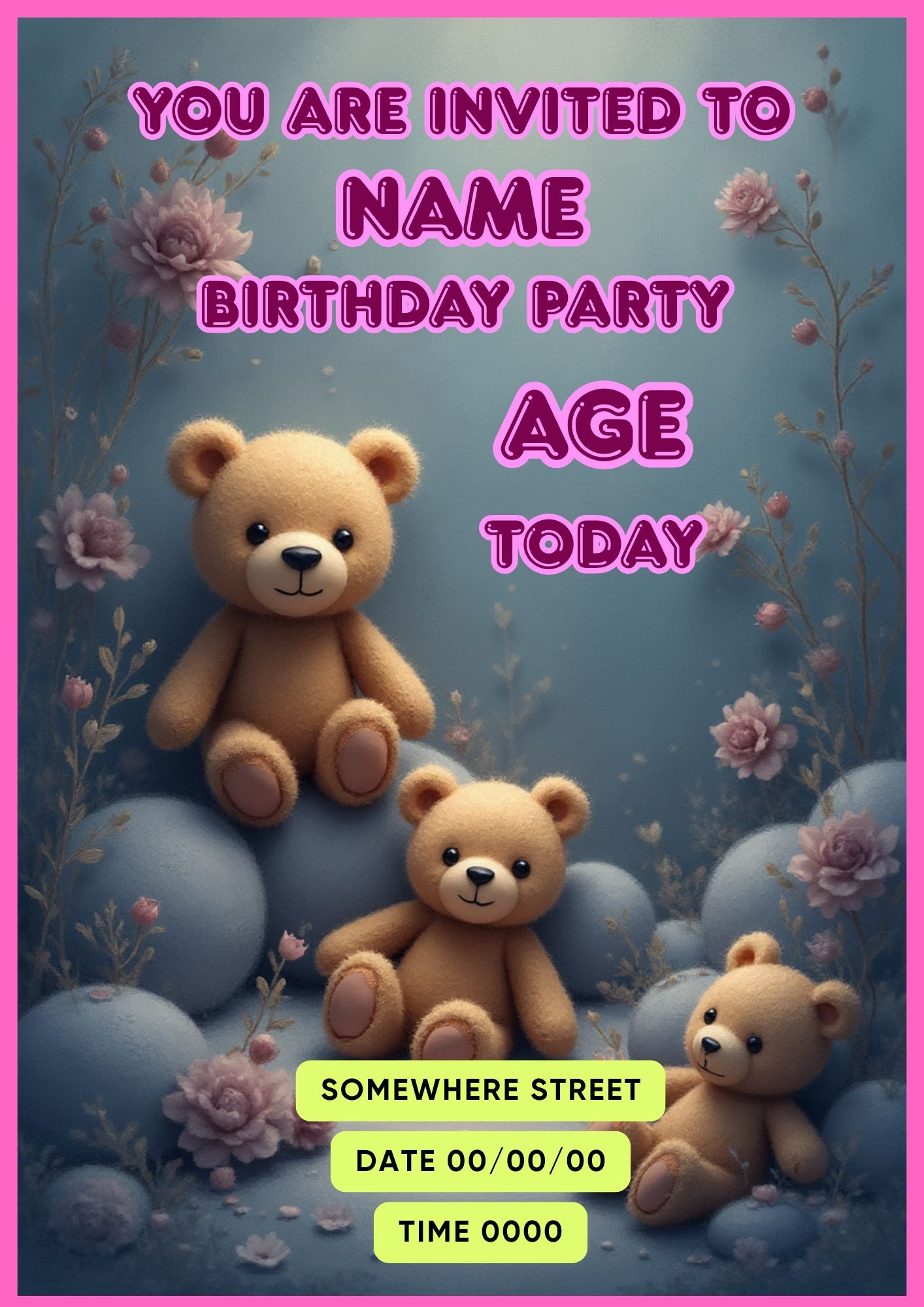 Editable Kids Birthday Invitation – Teddy Bear Theme (Canva Template)