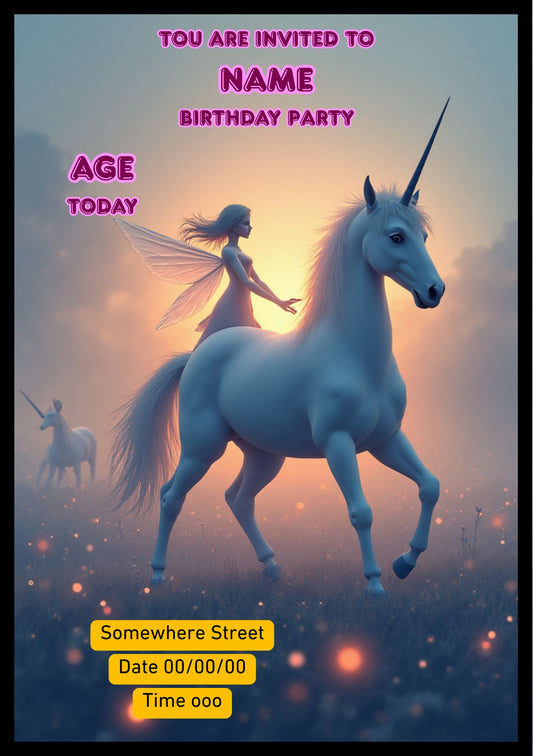 Editable Kids Birthday Invitation – Pixie unicorn 1 Theme (Canva Template)