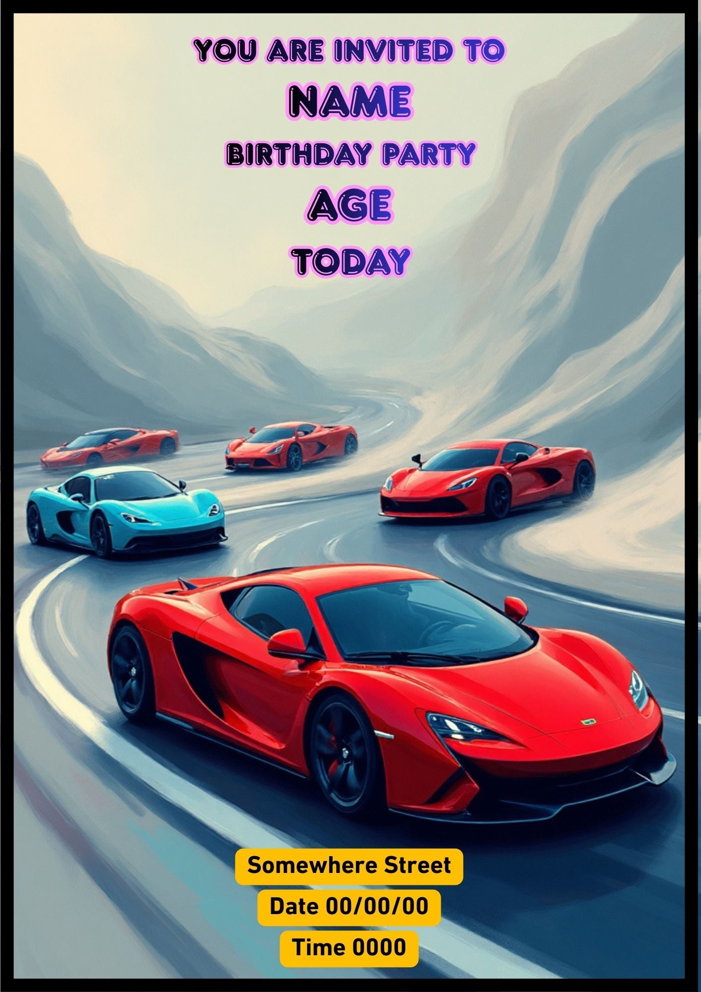Editable Kids Birthday Invitation – Racing Sports cars Theme (Canva Template)