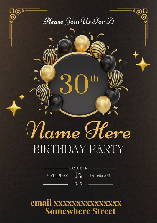 Adult Birthday Invitation – Black and gold premium  Theme (Canva Template)