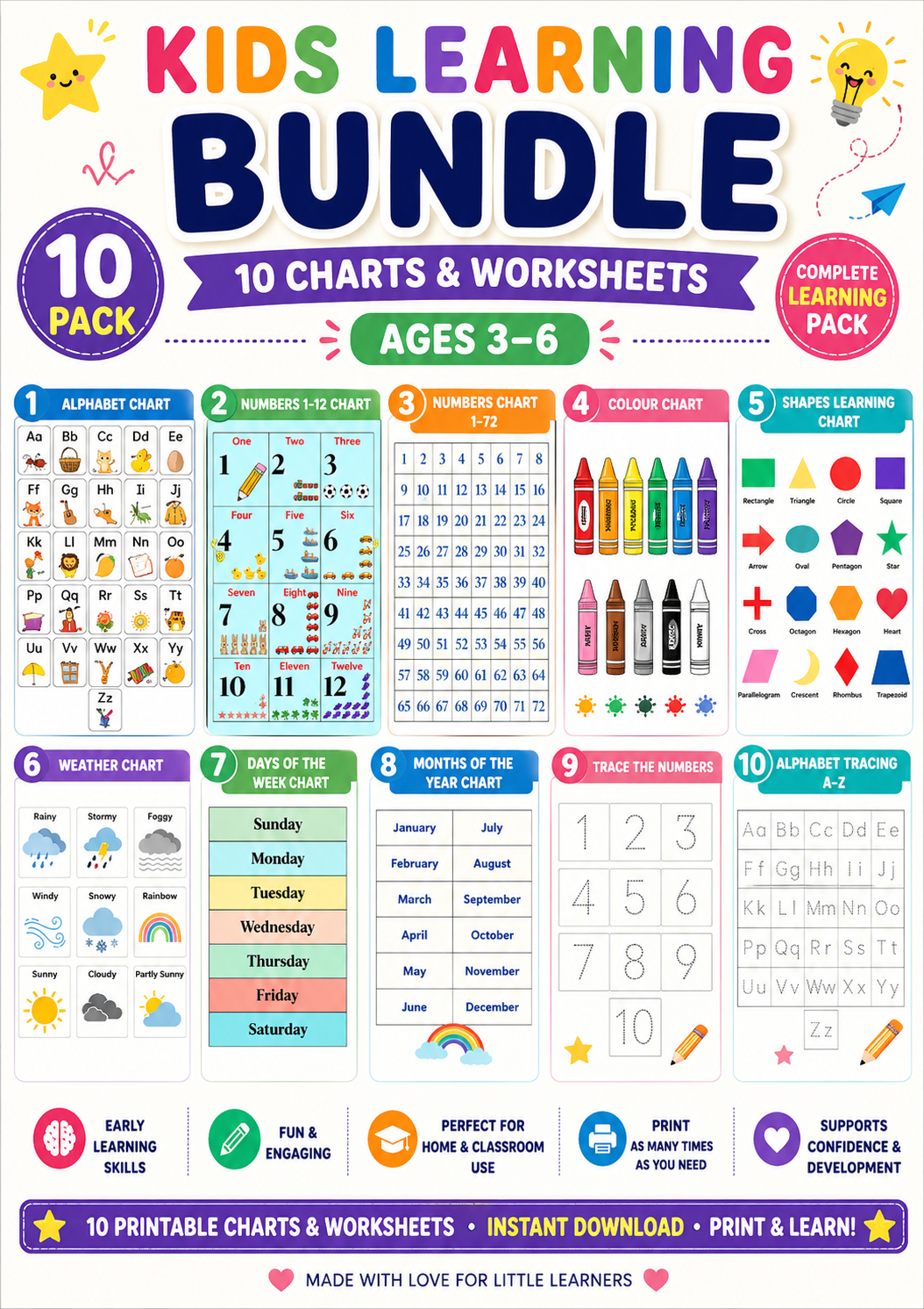 12.11 Kids Learning Printable Bundle, 3-6 Years | Alphabet, Numbers, Shapes, Colours, Weather, Days & Months Charts | Preschool Learning Pack Ages 3–6