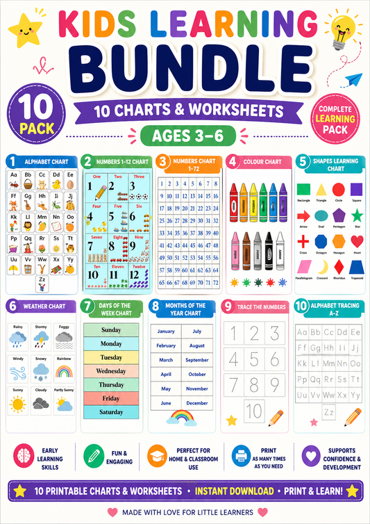 12.11 Kids Learning Printable Bundle, 3-6 Years | Alphabet, Numbers, Shapes, Colours, Weather, Days & Months Charts | Preschool Learning Pack Ages 3–6