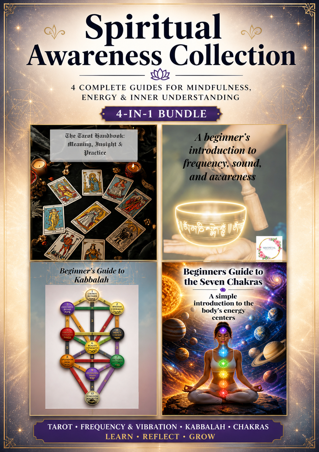 14.05 "125 Pages of information" Spiritual Awareness Collection – 4 Guides for Mindfulness, Energy & Inner Understanding | Tarot, Chakras, Kabbalah & Frequency (Digital Bundle)