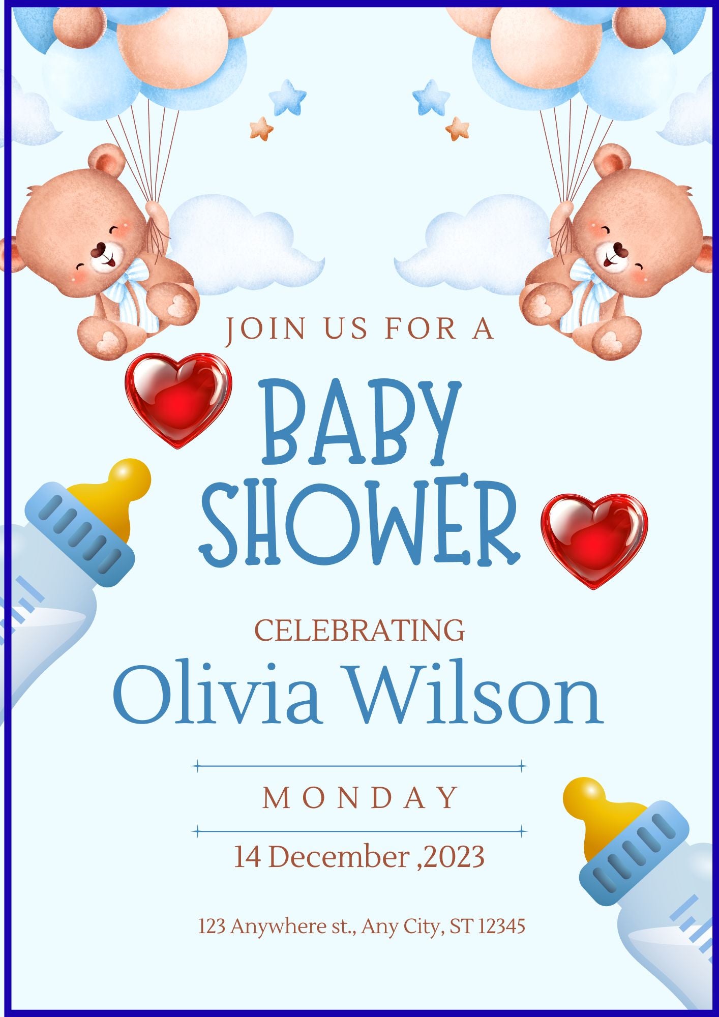 Cute Baby Shower Invitation Template | Teddy Bear Baby Shower Invite | Editable Canva A4 Portrait