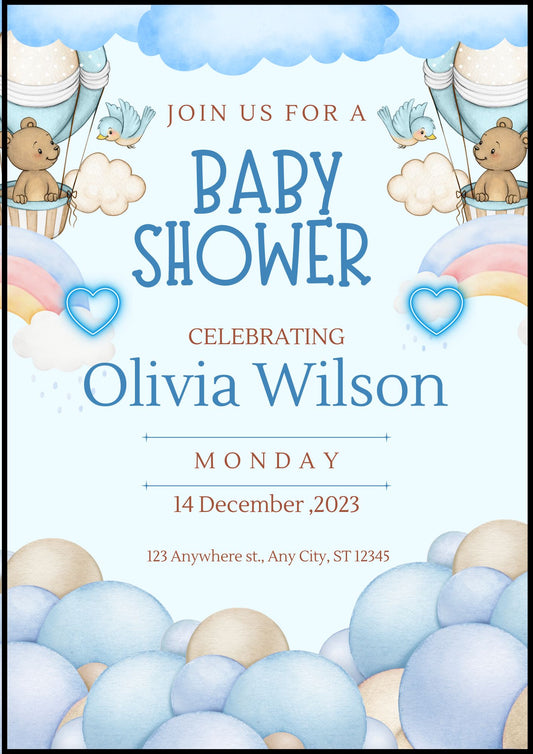 Editable Baby Shower Invitation Template | Blue Teddy Bear Baby Shower Invite | Neutral Baby Shower | A4 Printable | Canva Instant Download