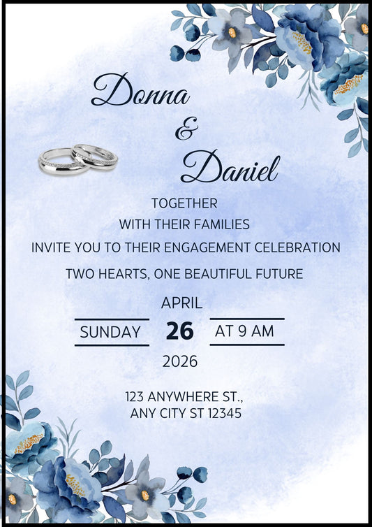 Editable Engagement Invitation Template | Blue Floral Engagement Party Invite | Elegant Engagement Celebration | A4 Printable | Canva Instant Download