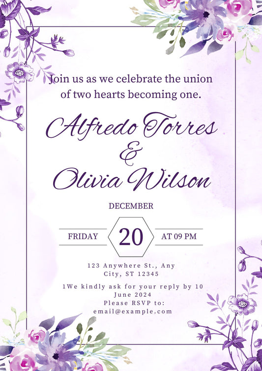 Editable Purple Floral Wedding Invitation Template | Elegant Printable Canva Invite