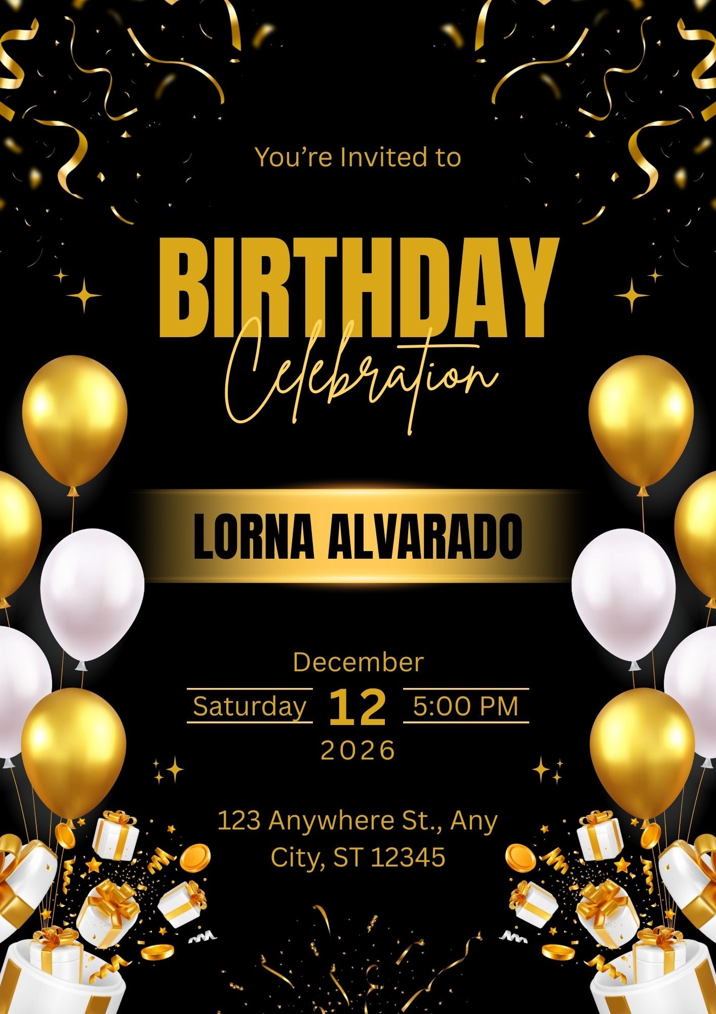 Elegant Black & Gold Birthday Invitation Template | Adult Birthday Party Invite | Editable Canva Template