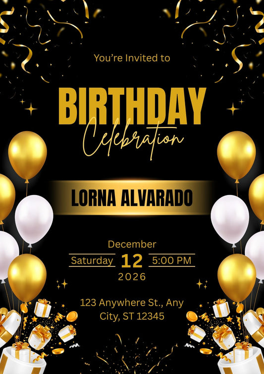 Elegant Black & Gold Birthday Invitation Template | Adult Birthday Party Invite | Editable Canva Template