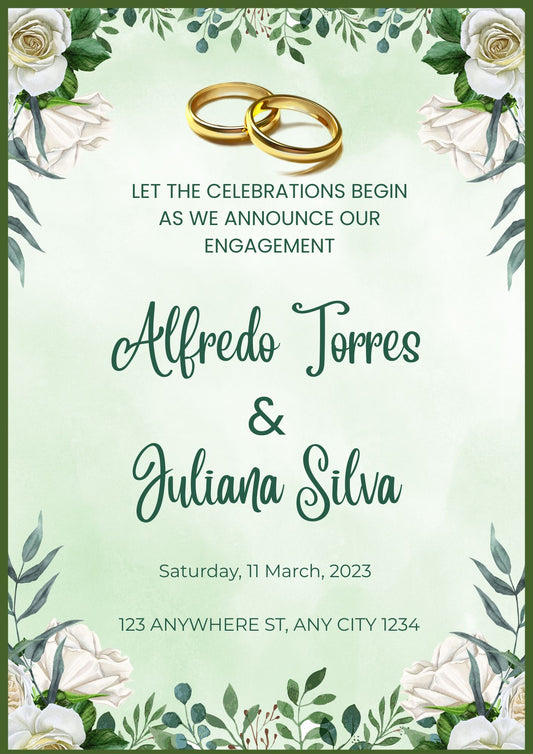 Elegant Green Floral Engagement Invitation Template | Editable Canva A4 Engagement Announcement | Printable Digital Invite