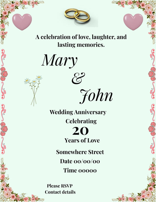 Elegant Wedding Anniversary Invitation Template | Editable Canva Invite | Minimal Floral Border 20th to 60th Anniversary (Copy)