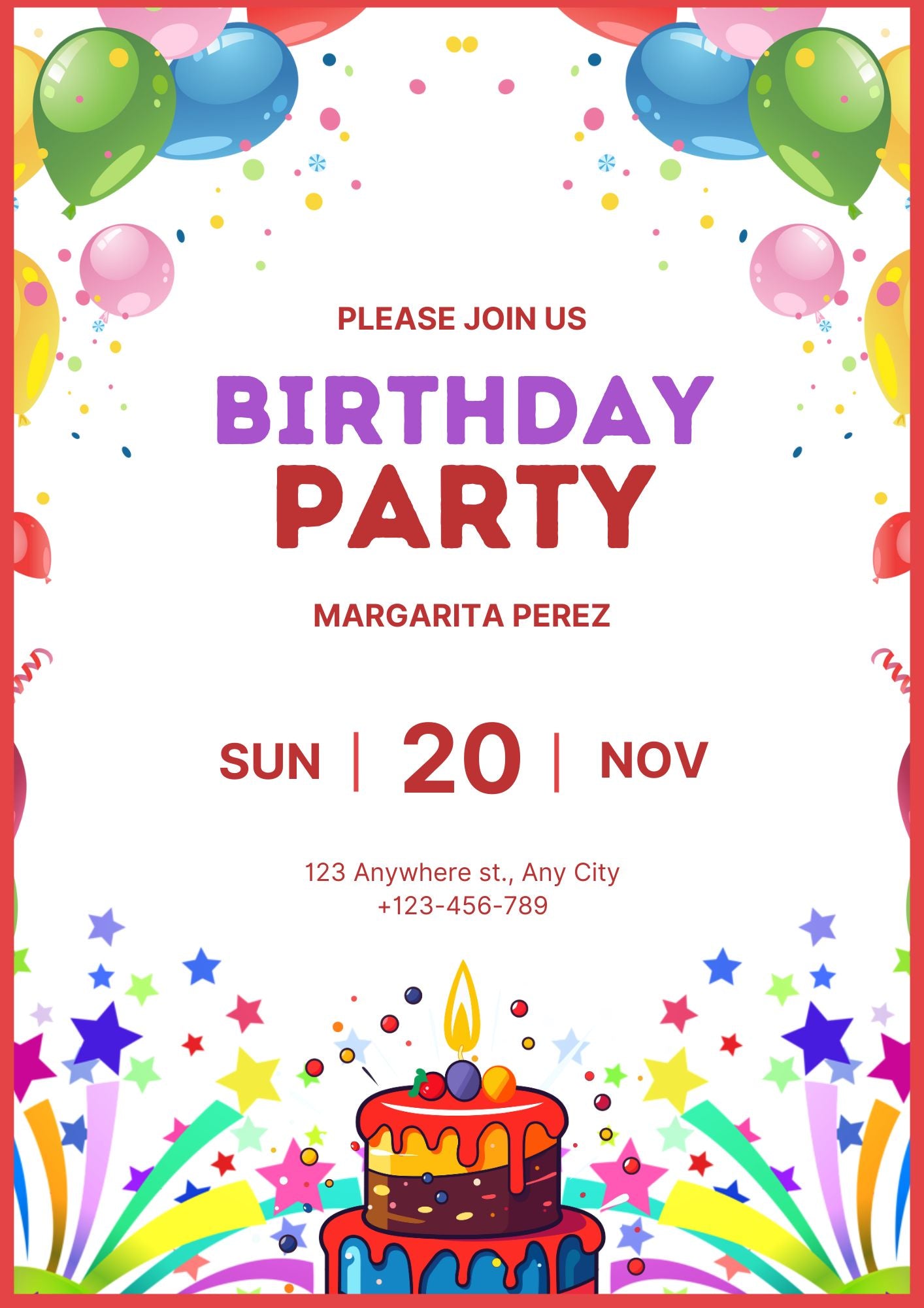 Kids Birthday Party Invitation – Colorful Balloons & Cake – (Editable Canva Template)