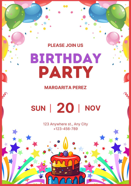 Kids Birthday Party Invitation – Colorful Balloons & Cake – (Editable Canva Template)