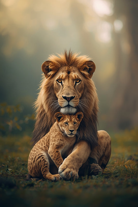 Lion & Cub Bond – Gentle Wildlife Wall Art Print | Calm Nature Photography 01