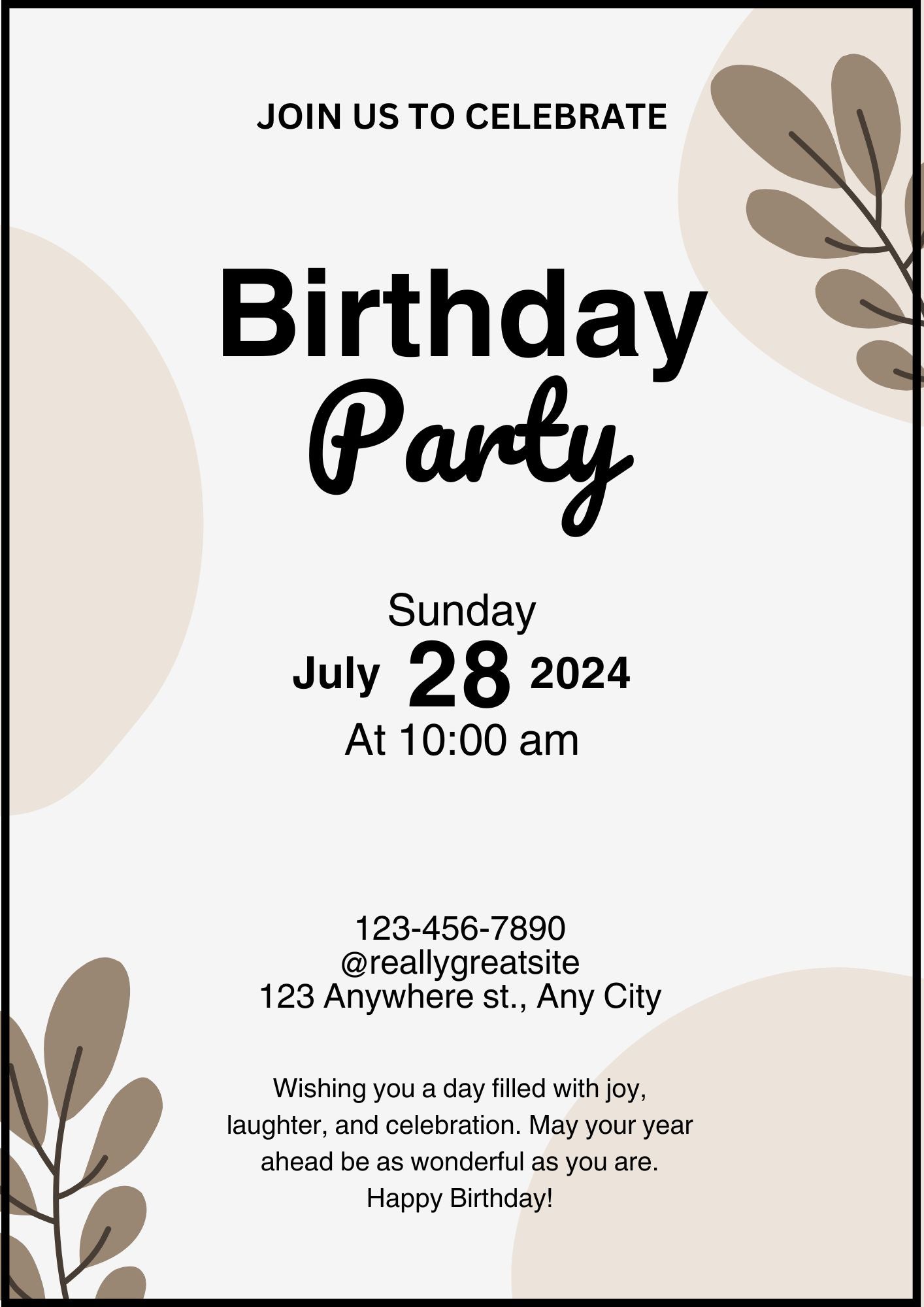 Minimalist Boho Adult Birthday Invitation – Neutral Modern Birthday – Editable Canva Template