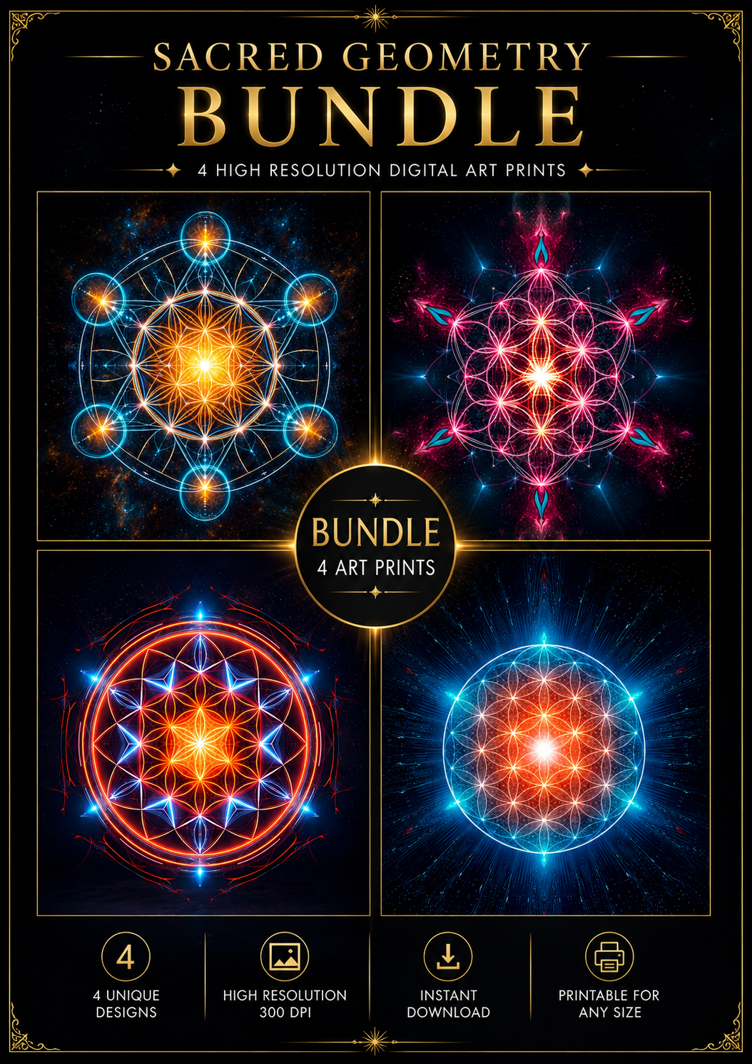 13.05 Sacred Geometry Wall Art Bundle – 4 Luminous Mandala Prints | Meditation & Spiritual Decor | Digital Download