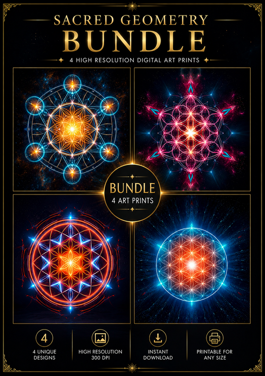 13.05 Sacred Geometry Wall Art Bundle – 4 Luminous Mandala Prints | Meditation & Spiritual Decor | Digital Download