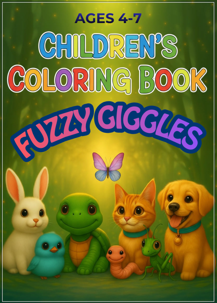 8.10 "24 Pages" Fuzzy Giggles Colouring Book for Kids Ages 4–7, Cute Animal Friends Coloring Pages, Printable Kids Activity Book