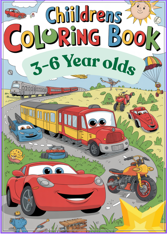 8.09 "25 Pages" Vehicles Colouring Book for Kids Ages 3–6, Cars Trucks Trains Coloring Pages, Cute Transport Coloring Book, Printable Kids Activity Book