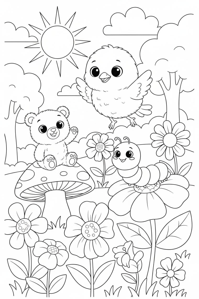 8.10 "24 Pages" Fuzzy Giggles Colouring Book for Kids Ages 4–7, Cute Animal Friends Coloring Pages, Printable Kids Activity Book