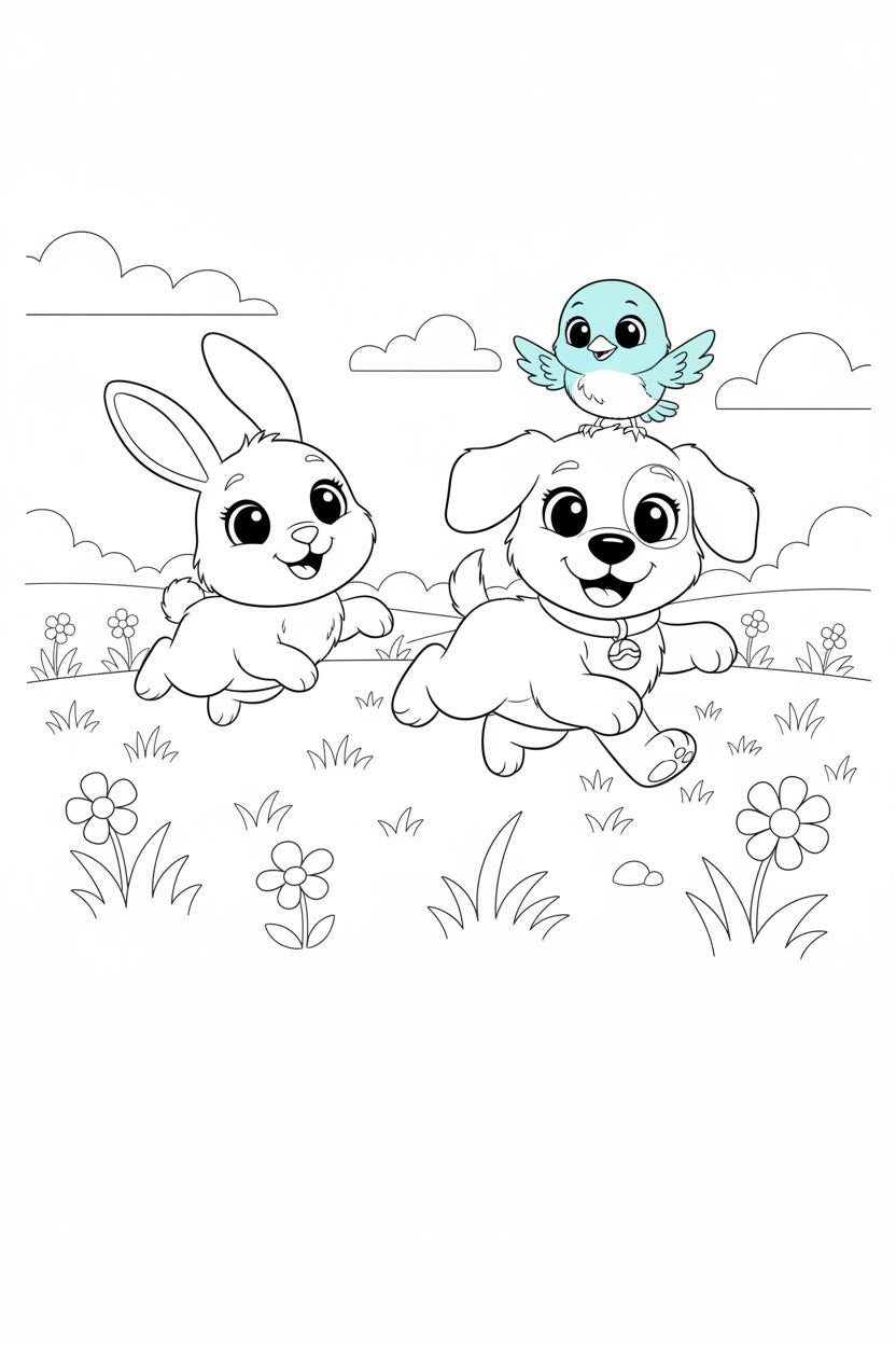 8.10 "24 Pages" Fuzzy Giggles Colouring Book for Kids Ages 4–7, Cute Animal Friends Coloring Pages, Printable Kids Activity Book