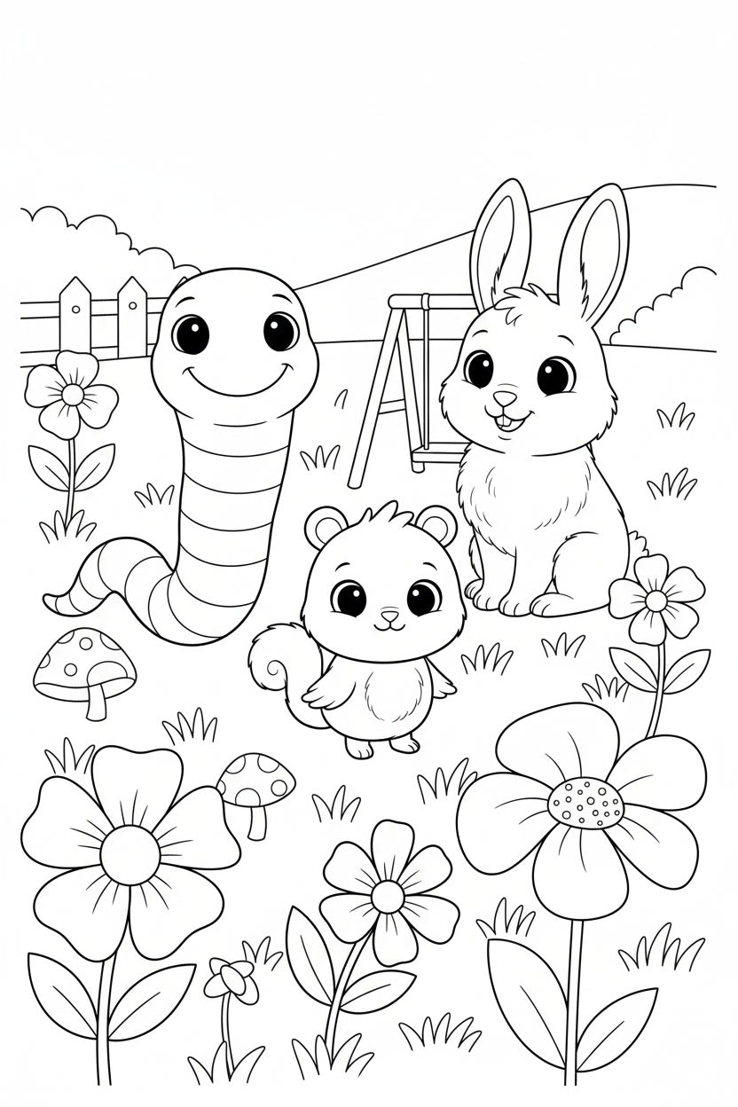 8.10 "24 Pages" Fuzzy Giggles Colouring Book for Kids Ages 4–7, Cute Animal Friends Coloring Pages, Printable Kids Activity Book